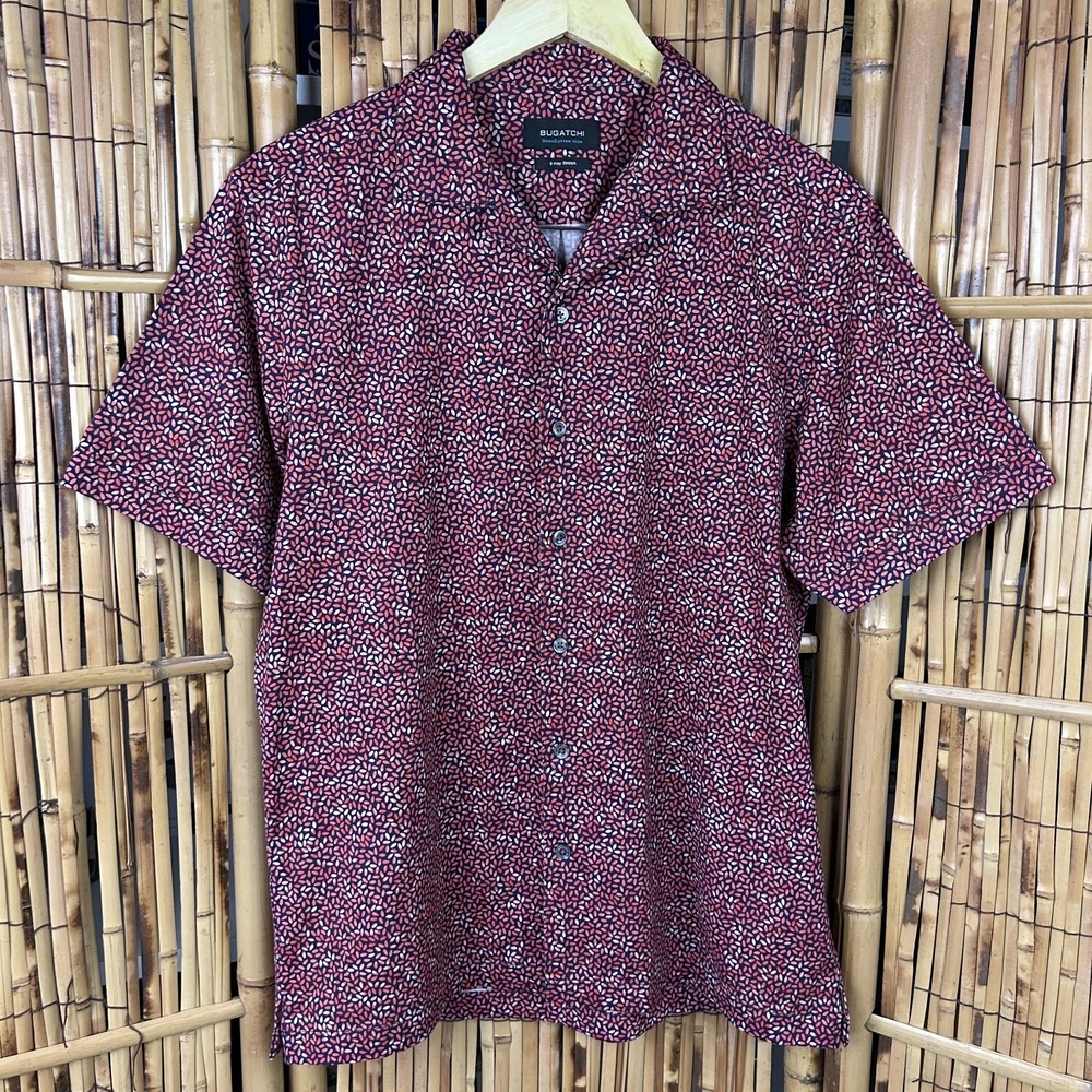 BUGATCHI OoohCotton Tech Men's SS Shirt 8‎ Way Stretch Button Navy Coral Medium